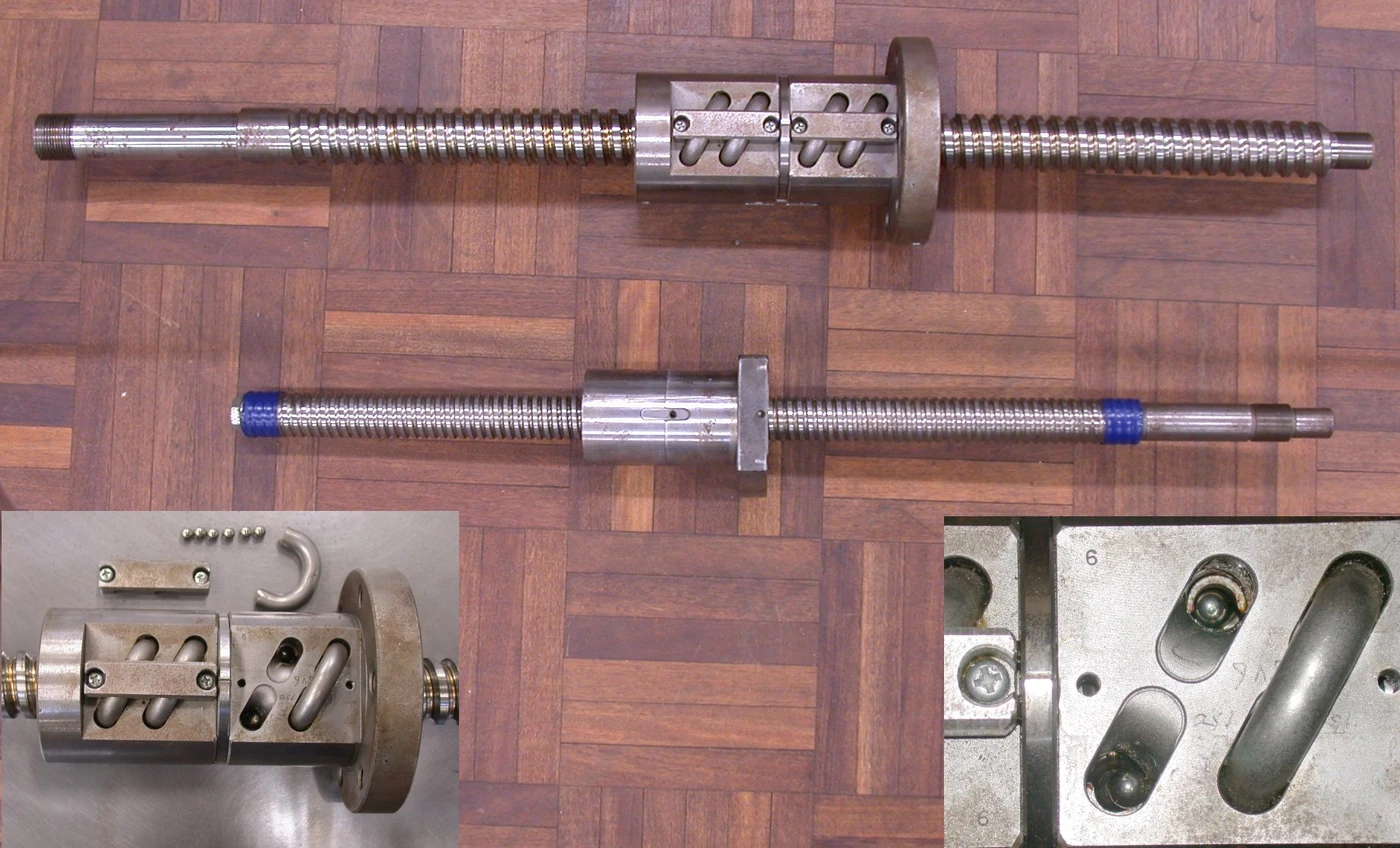 두 종류의 볼스크루와 볼 순환 통로를 확대해 보여주는 사진