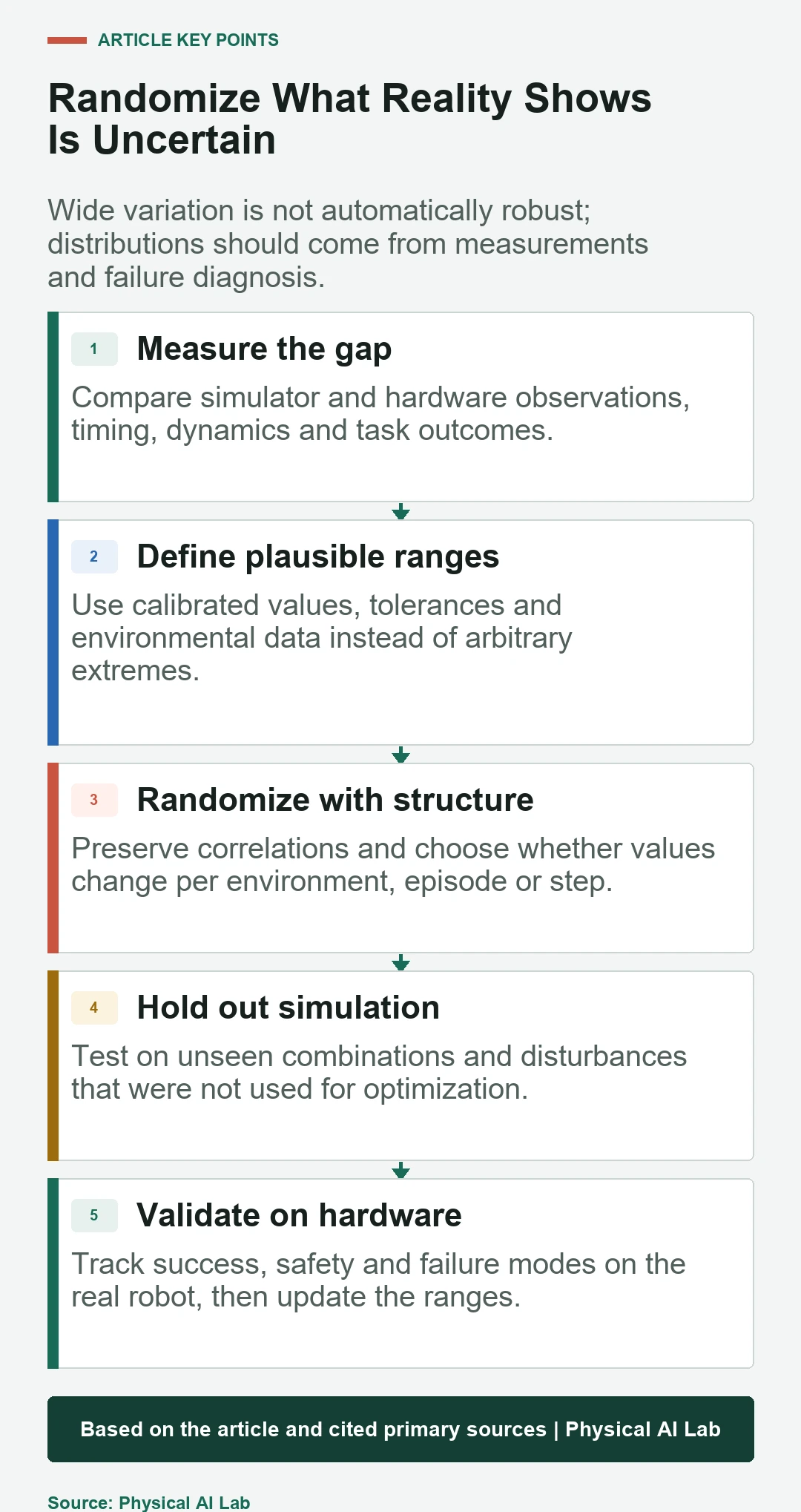 Five-stage domain randomization and validation workflow