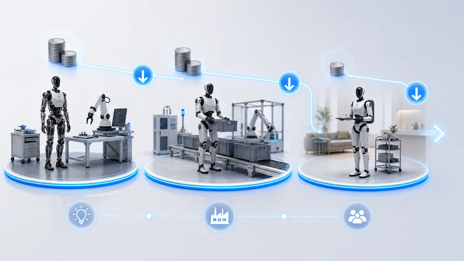 Humanoid robot standing in a workspace representing purchase and deployment cost