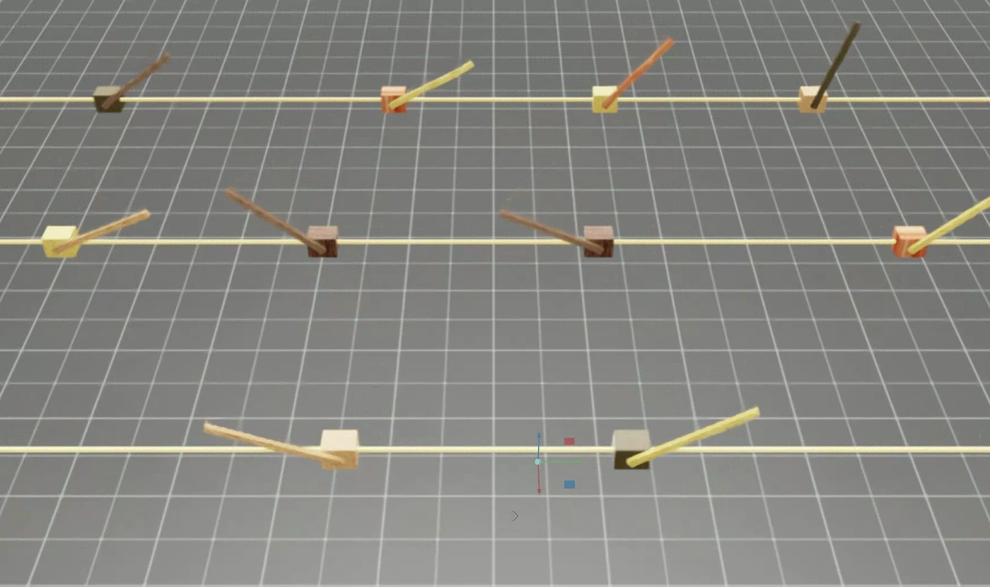 Parallel robot simulations with varied hammer colors and orientations