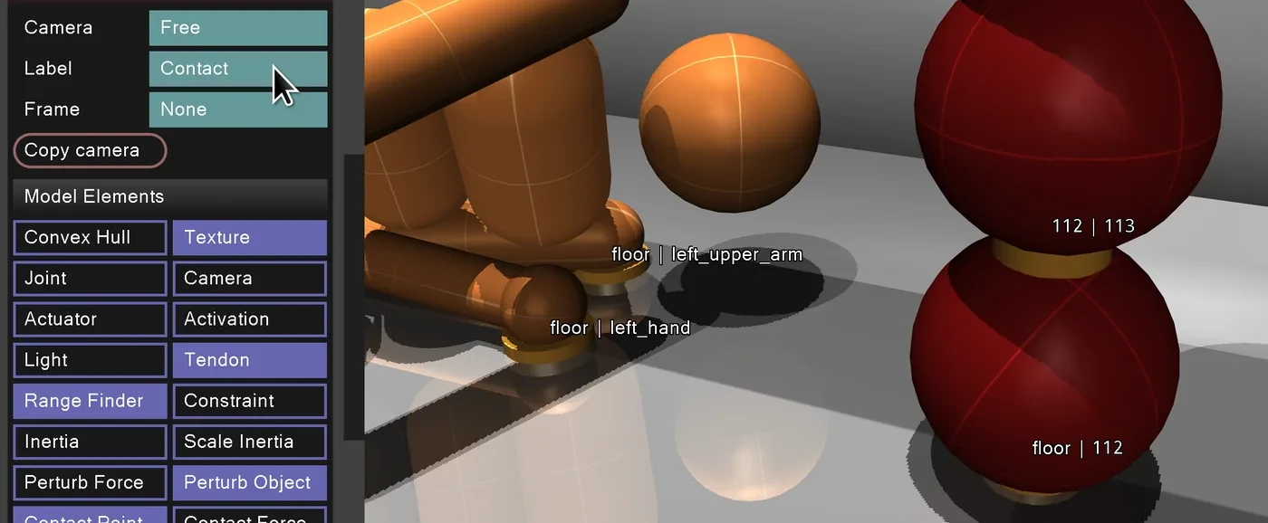 MuJoCo simulation visualizing contacts on articulated objects