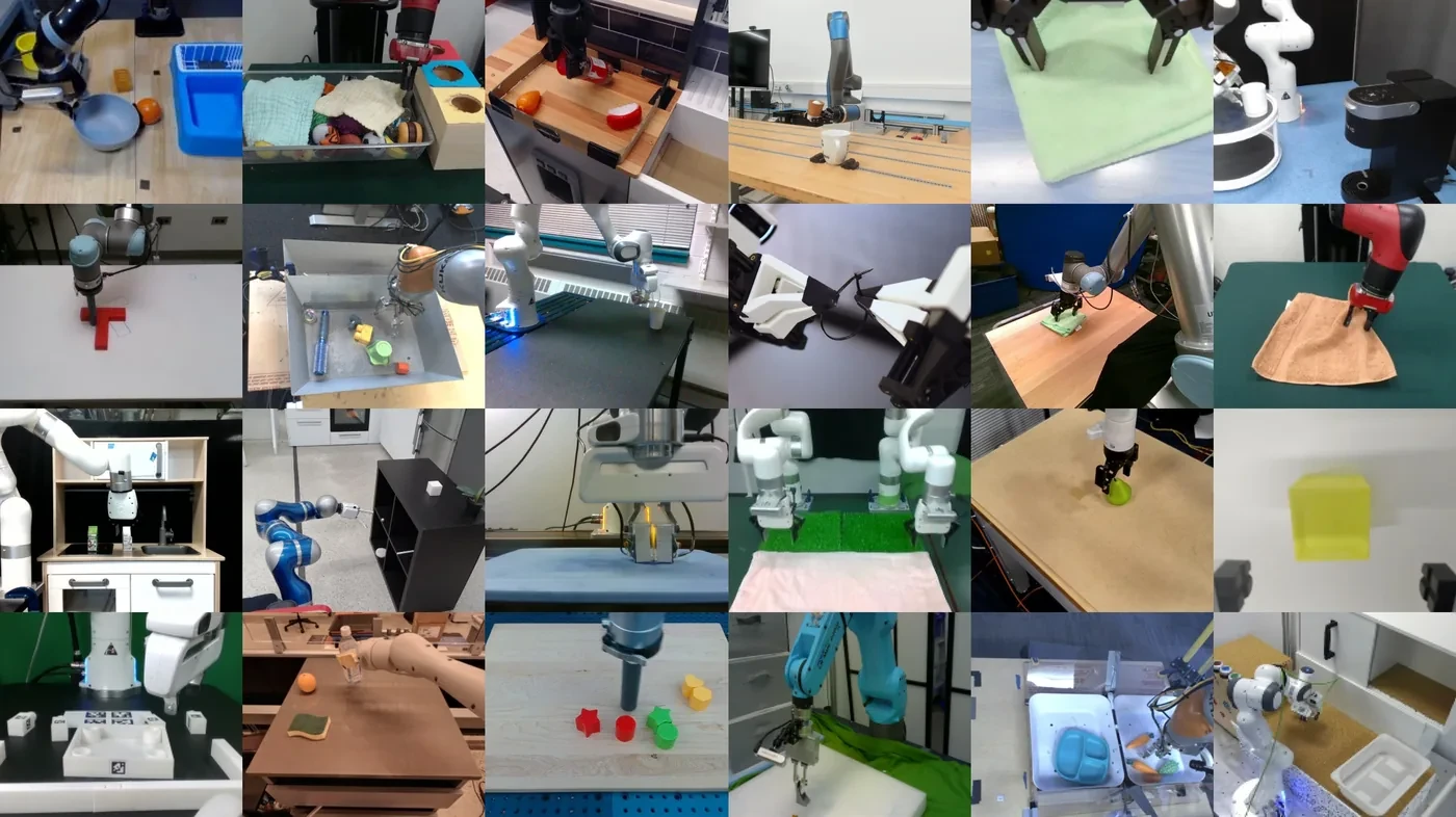 A collage of robot arms and manipulation tasks from Open X-Embodiment