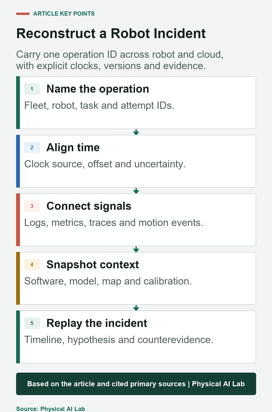 Five-stage robot observability incident reconstruction