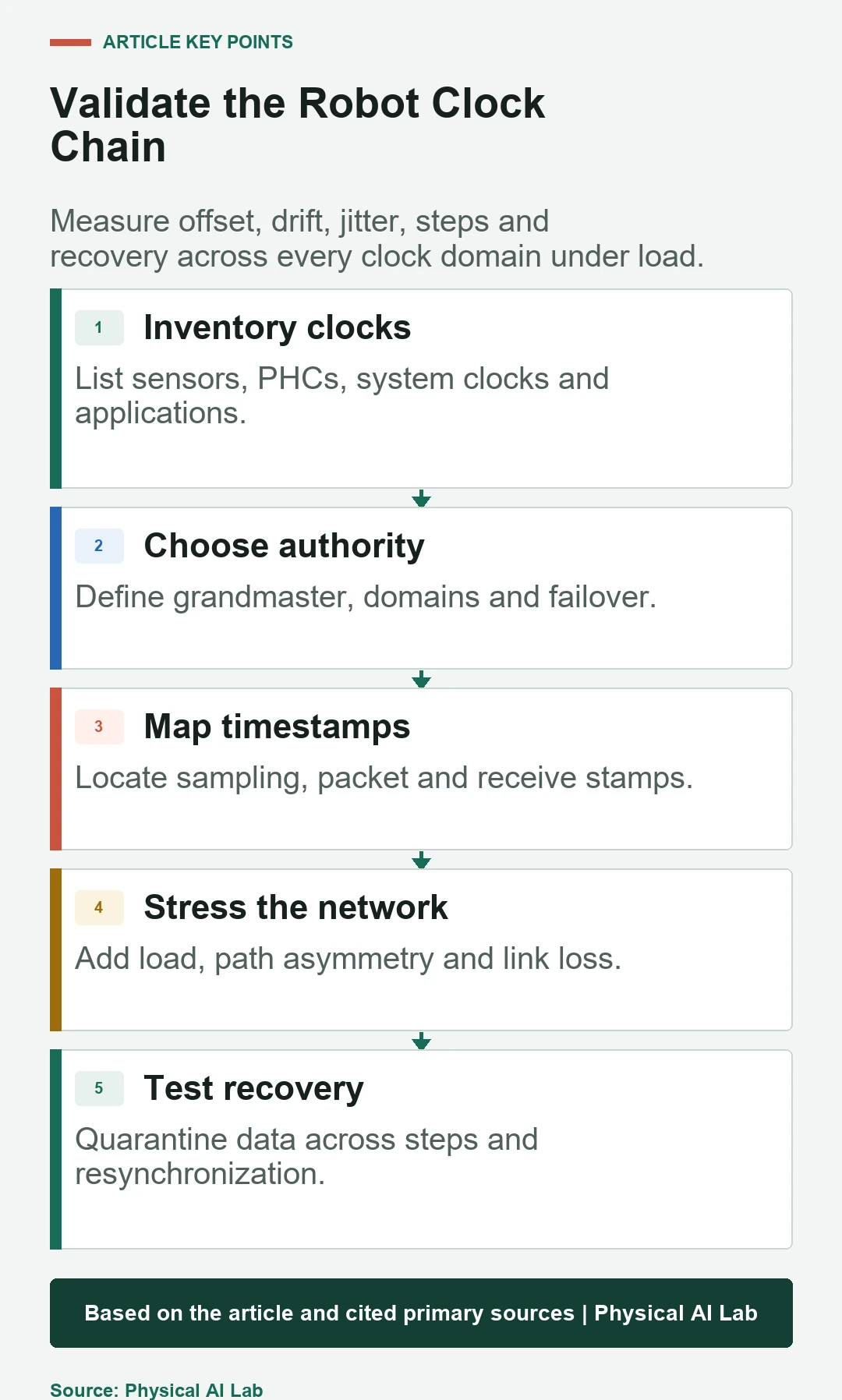 Five-stage robot time synchronization validation workflow