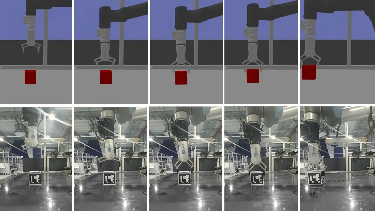 Side-by-side UR5 robot grasping scene in simulation and on physical hardware