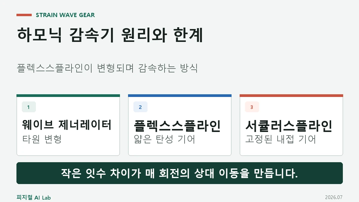 웨이브 제너레이터와 플렉스스플라인 및 서큘러스플라인의 역할을 보여 주는 대표 이미지