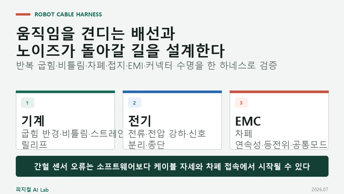로봇 케이블 하네스 설계: 반복 굽힘·차폐·접지·EMI가 센서 신호를 망치는 이유의 핵심 구조와 판단 기준을 정리한 대표 이미지