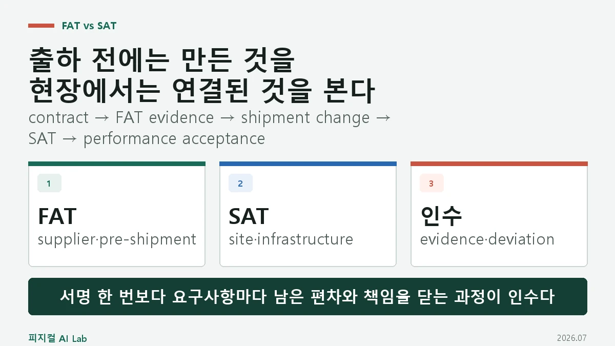 로봇 FAT와 SAT 인수시험 차이: 출하 전 공장시험과 현장시험을 같은 계약 증거로 잇는 법의 핵심 구조와 판단 기준을 정리한 대표 이미지