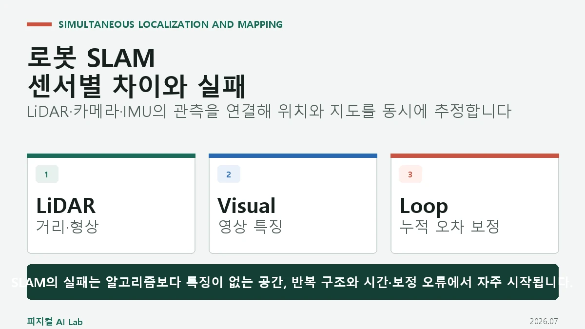 로봇 SLAM이란: LiDAR SLAM과 Visual SLAM의 차이와 실패 조건의 핵심 구조와 판단 기준을 정리한 대표 이미지