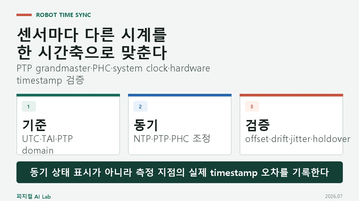 로봇 시간 동기화: PTP·NTP·하드웨어 타임스탬프로 센서 시계를 맞추는 방법의 핵심 구조와 판단 기준을 정리한 대표 이미지