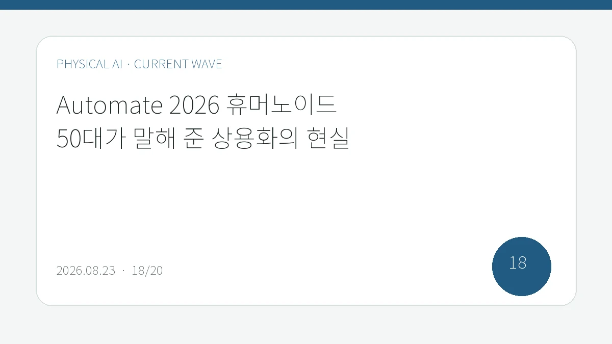 Automate 2026 휴머노이드 50대가 말해 준 상용화의 현실을 큰 글씨로 정리한 피지컬 AI Lab 편집 표지