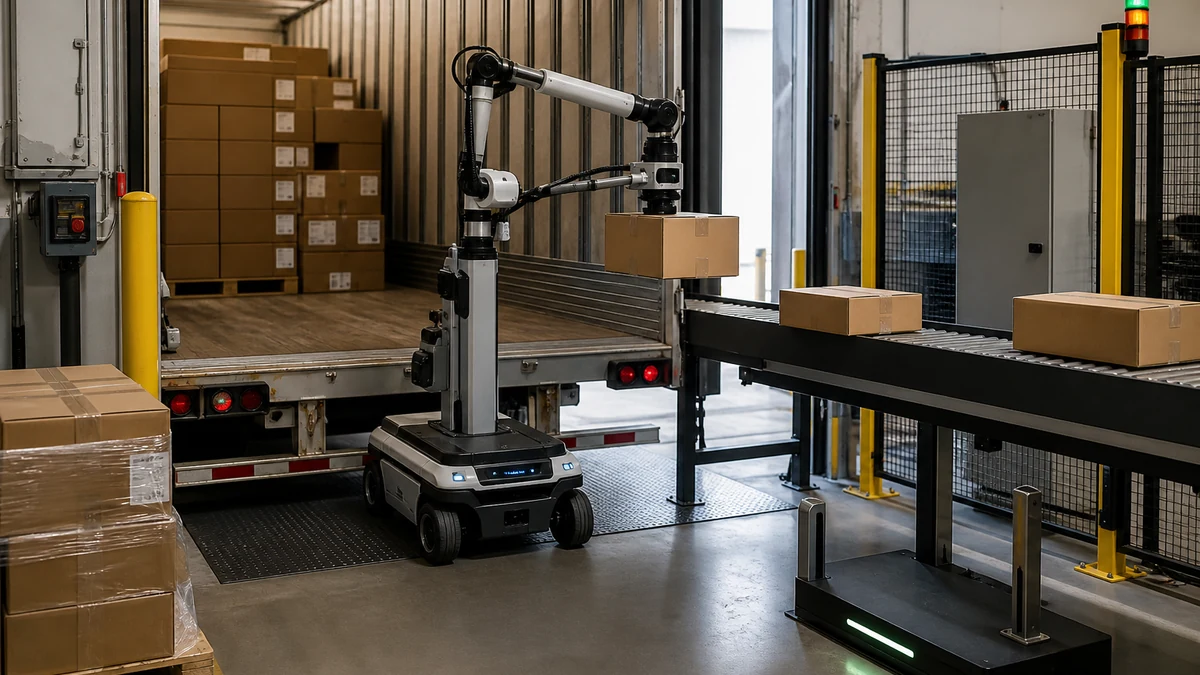 Generic editorial robot concept illustrating Boston Dynamics Stretch Price and Deployment: Unloading, Case Picking and WMS