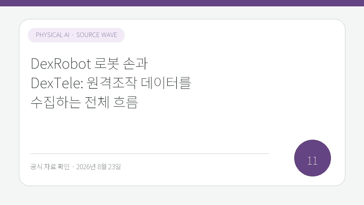 DexRobot 로봇 손과 DexTele: 원격조작 데이터를 수집하는 전체 흐름 제목을 모바일에서도 읽기 쉽게 배치한 피지컬 AI Lab 표지