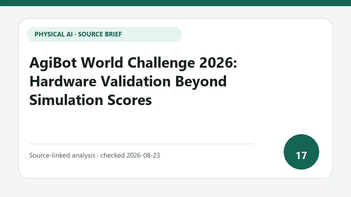 AgiBot World Challenge 2026: Hardware Validation Beyond Simulation Scores text-only source-brief cover focused on the gap between simulation ranking and hardware endurance or generalization