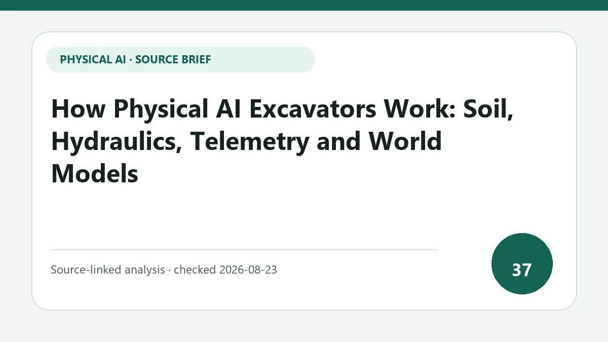 How Physical AI Excavators Work: Soil, Hydraulics, Telemetry and World Models text-only source-brief cover focused on how soil resistance, hydraulic telemetry and a world model update one another