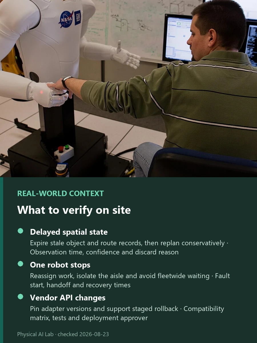 Fujitsu Kozuchi Physical OS: Spatial World Models and Robot Coordination reference photograph showing a technician working on NASA Robonaut 2 at a bench, used to examine how a spatial world model coordinates tasks across different robots