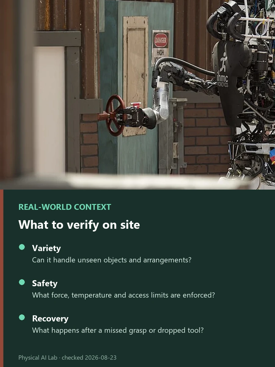 Clothes Folding, Cooking or Firefighting: Which Is Hardest for a Humanoid? reference photograph showing a humanoid robot in a DARPA Robotics Challenge arena, used to examine the different limits imposed by fabric, food hygiene and hazardous work