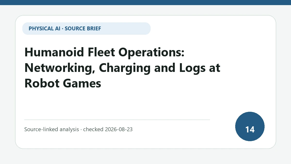 Humanoid Fleet Operations: Networking, Charging and Logs at Robot Games text-only source-brief cover focused on network, charging and fault-state coordination in a shared venue