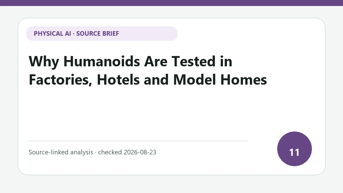 Why Humanoids Are Tested in Factories, Hotels and Model Homes text-only source-brief cover focused on changes in routes, lighting and temporary obstacles inside real buildings