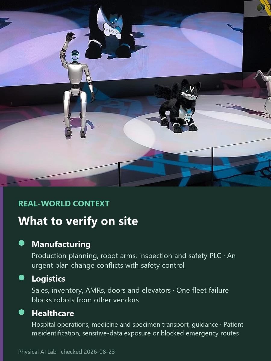 Japan's Physical AI Alliance: Fujitsu, FANUC, Yaskawa, Kawasaki and NVIDIA reference photograph showing a humanoid robot display at the Japan Mobility Show, used to examine the roles of enterprise systems, a control foundation and different robot bodies