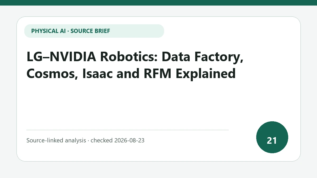 LG–NVIDIA Robotics: Data Factory, Cosmos, Isaac and RFM Explained text-only source-brief cover focused on the division of labor among data infrastructure, simulation and training tools
