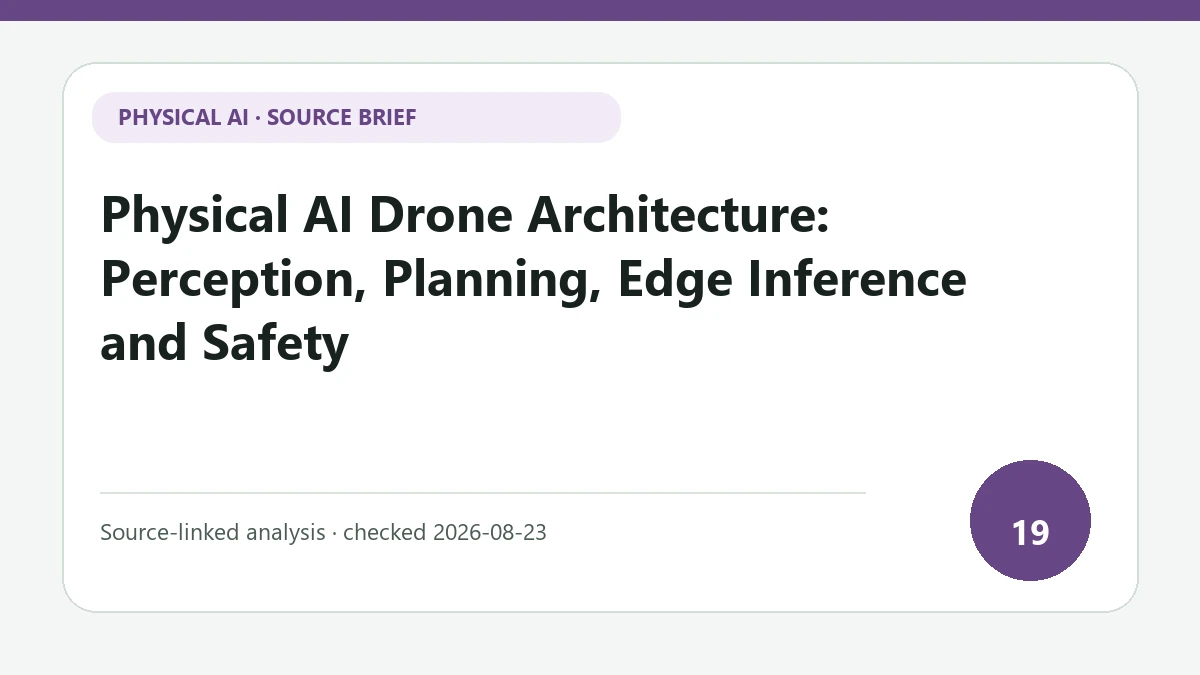 Physical AI Drone Architecture: Perception, Planning, Edge Inference and Safety text-only source-brief cover focused on the complete loop across perception, planning, flight control and fail-safe behavior