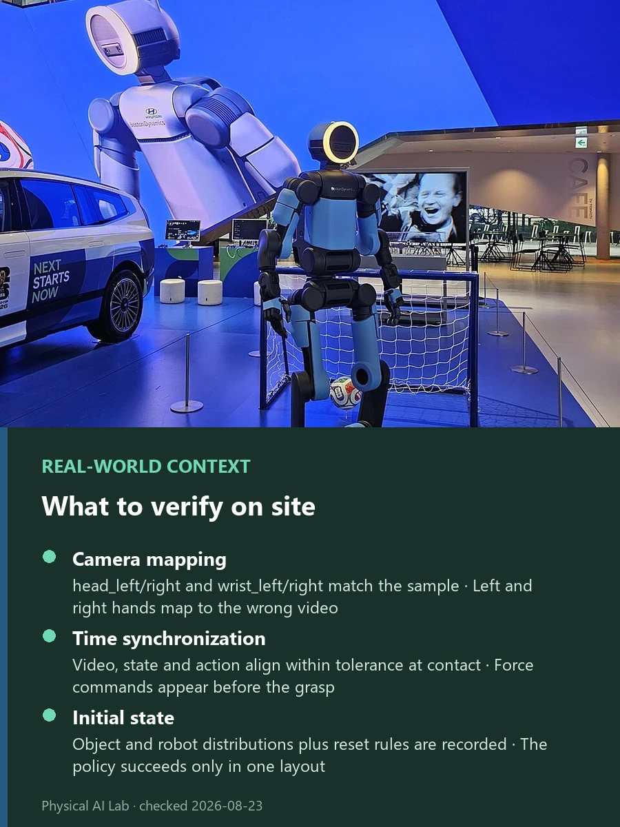 UBTECH GHRC 2026 Baseline: Isaac Sim, LeRobot v3, ACT and π0 reference photograph showing Boston Dynamics Atlas standing in an indoor test area, used to examine initial alignment among the simulator, data framework and policy model