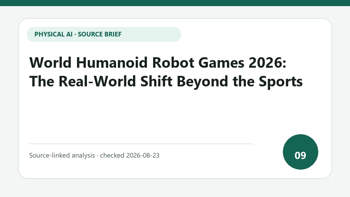 World Humanoid Robot Games 2026: The Real-World Shift Beyond the Sports text-only source-brief cover focused on the gap between competition results and factory, hotel or model-home work