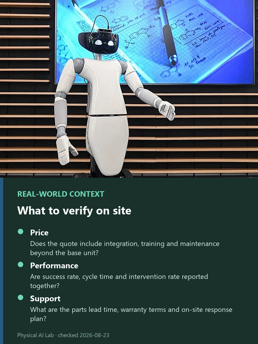 WRC 2026 Has 150 Robot Debuts—How to Spot a Commercial Product reference photograph showing a humanoid robot displayed at a European public event, used to examine the evidence gap between a product debut and an orderable system