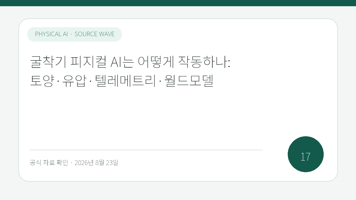 굴착기 피지컬 AI는 어떻게 작동하나: 토양·유압·텔레메트리·월드모델 제목을 모바일에서도 읽기 쉽게 배치한 피지컬 AI Lab 표지