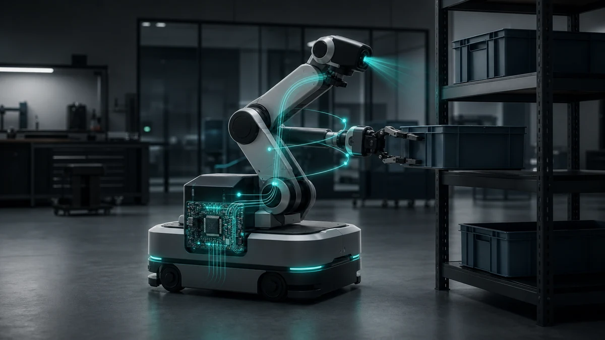 Editorial concept for Gemini Robotics On-Device 2 Explained: A Local VLA for Robots; not an actual Google product photograph.