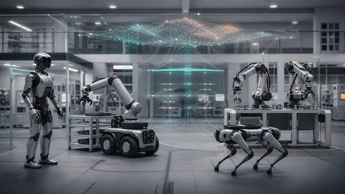 Editorial concept for Google Physical AI: Gemini Robotics ER 2, On-Device 2 and Robot Partners; not an actual Google product photograph.