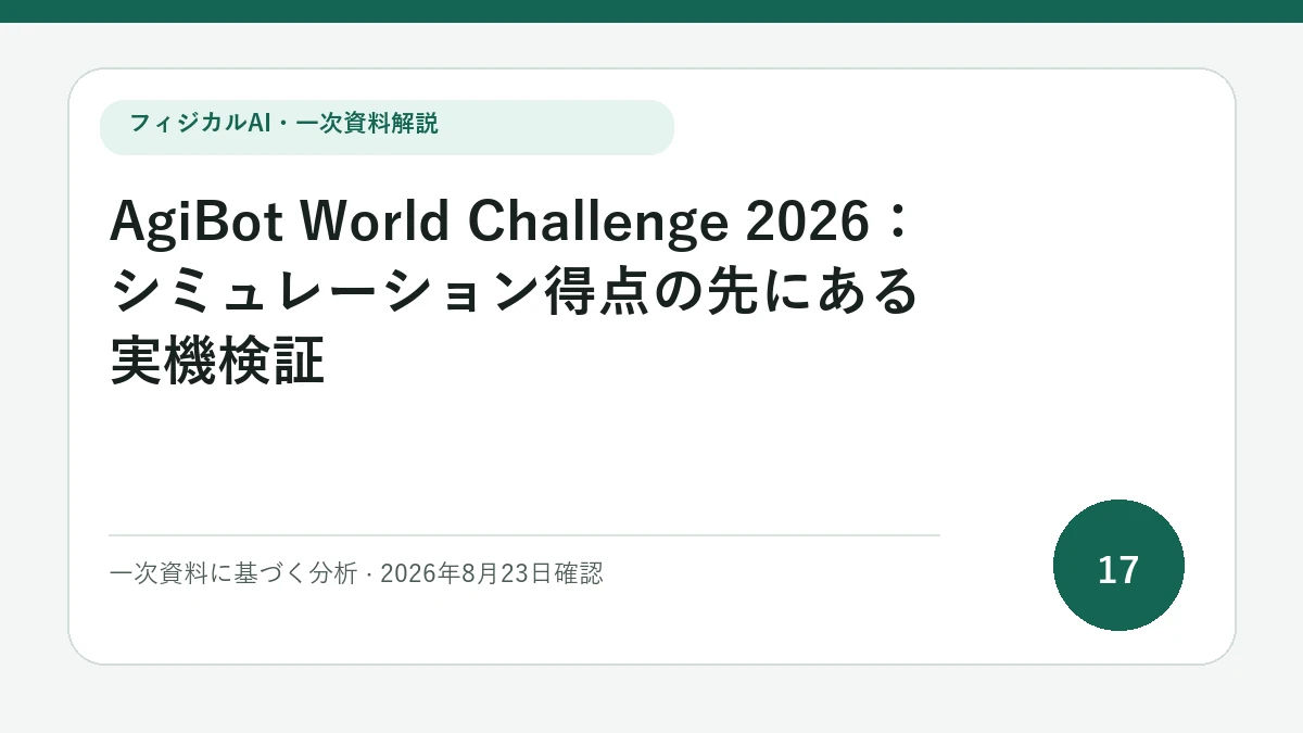 AgiBot World Challenge 2026：シミュレーション得点の先にある実機検証の論点を図解したフィジカルAI Labの解説カバー