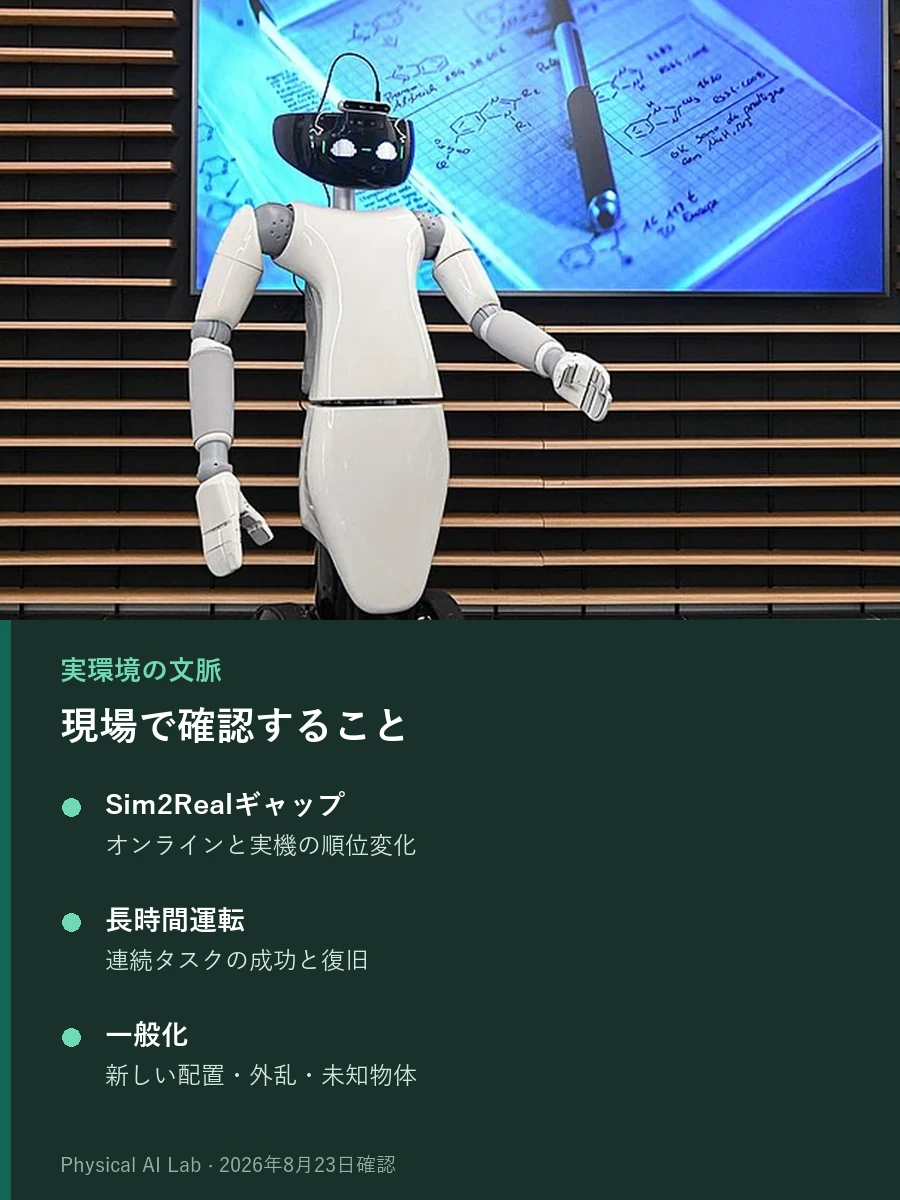 大型スクリーン前の会場に立つ白いヒューマノイドを正面から撮影した実写写真