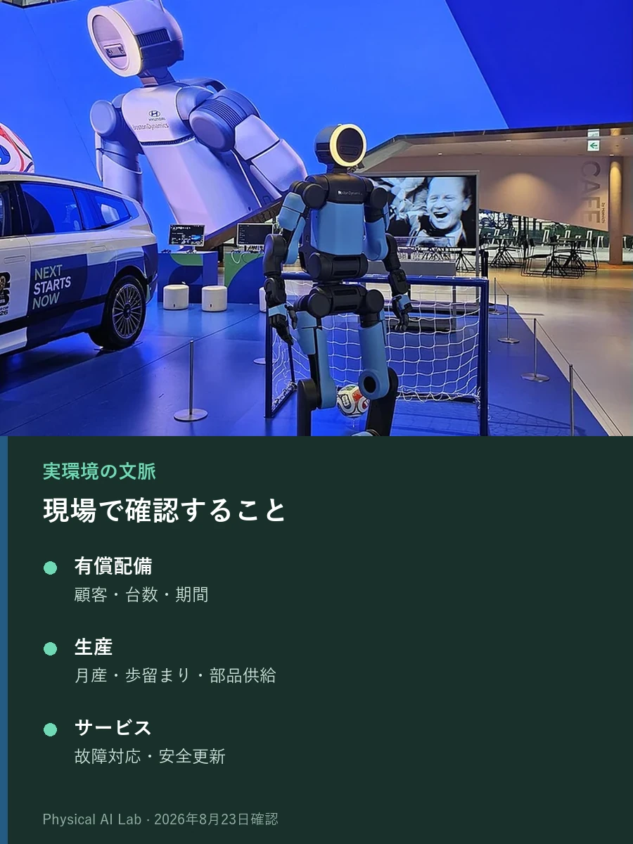 屋内展示会場のミニゴール前に立つBoston Dynamics Atlasの実写写真