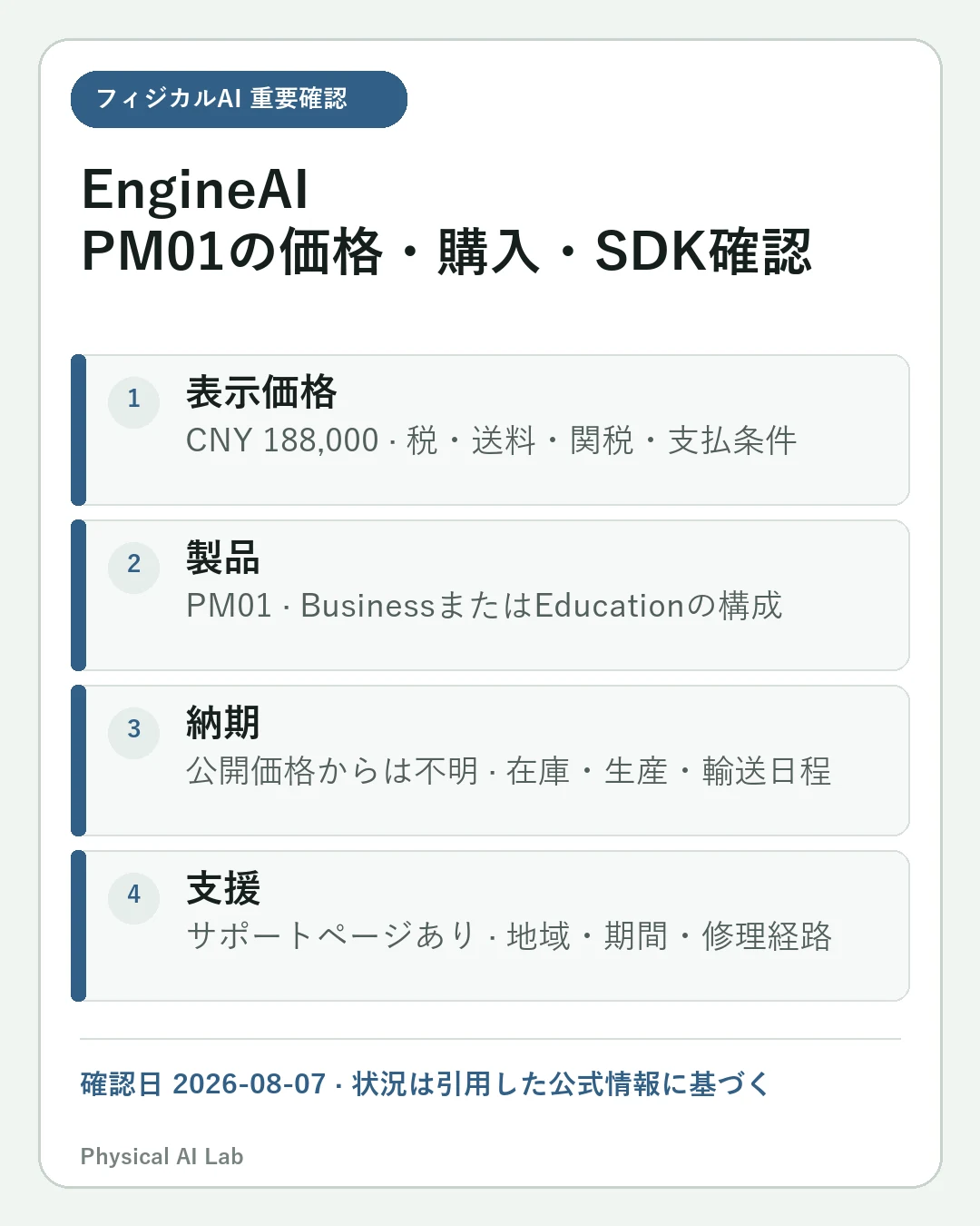 EngineAI PM01の価格・購入・SDKガイド|18万8,000元の構成と開発権限の重要な確認点4項目をまとめたモバイルカード