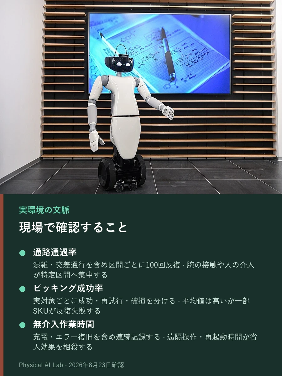 展示会場のスクリーン前で白いヒューマノイドが直立する実写写真