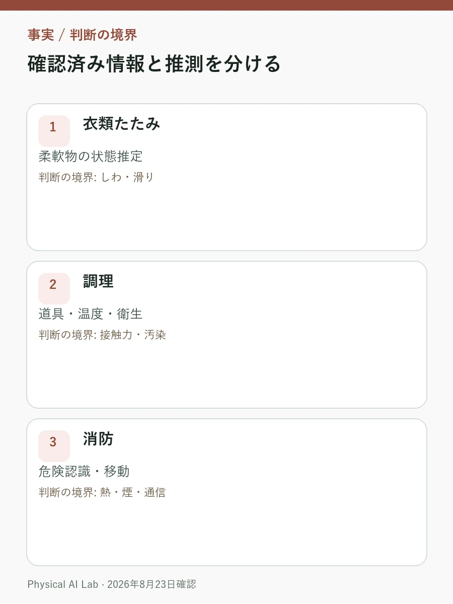 衣類たたみ・調理・消防：ヒューマノイドには何が難しいのかの評価項目を整理したモバイル向け情報カード