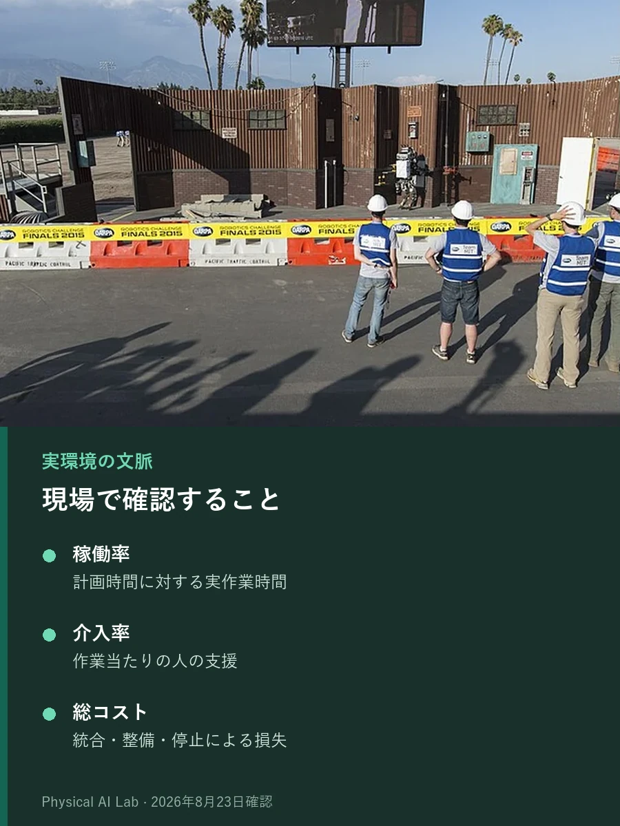 DARPA Robotics Challengeの屋外コースをスタッフが監視している実写写真