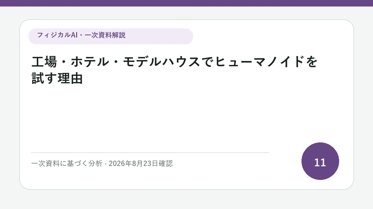工場・ホテル・モデルハウスでヒューマノイドを試す理由の論点を図解したフィジカルAI Labの解説カバー