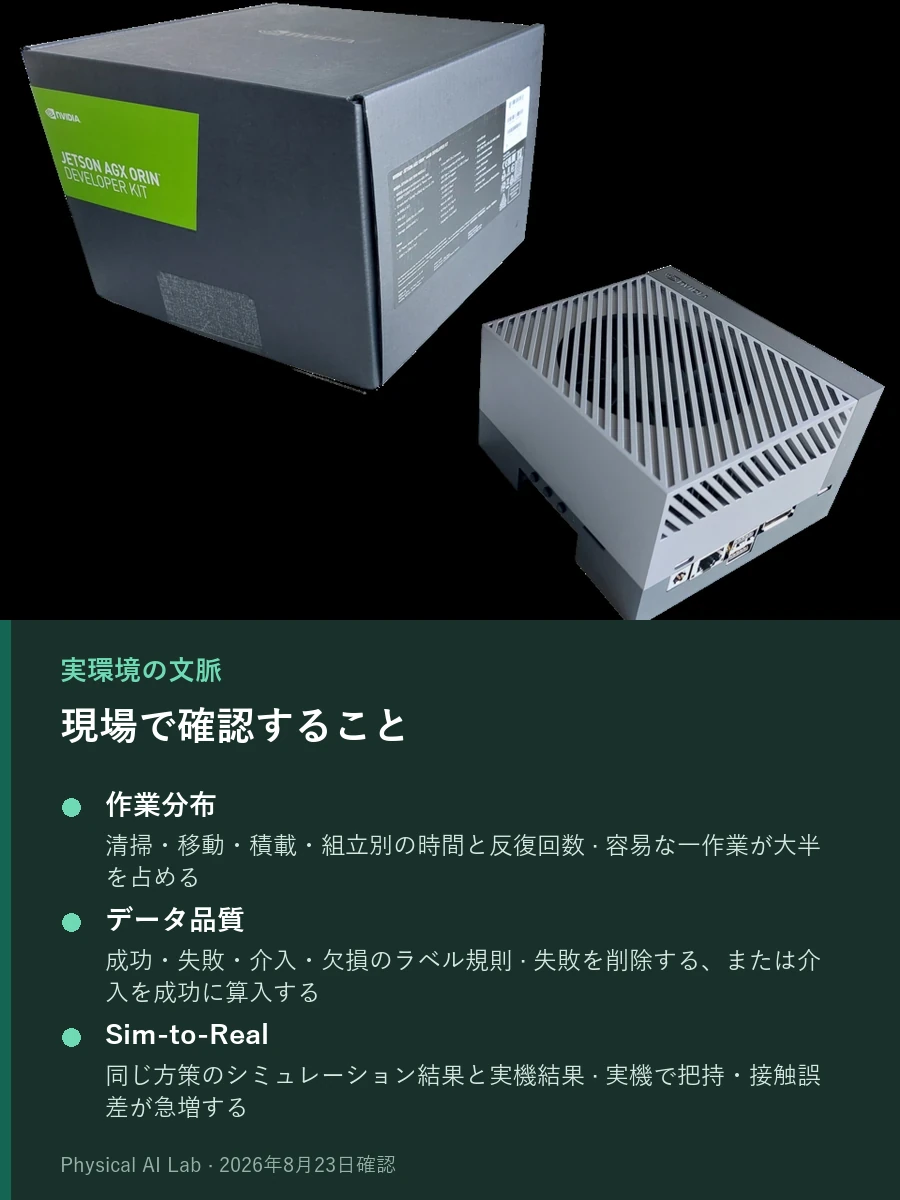 黒い撮影面にNVIDIA Jetson AGX Orinの製品箱と銀色の開発者キットを置いた実写写真
