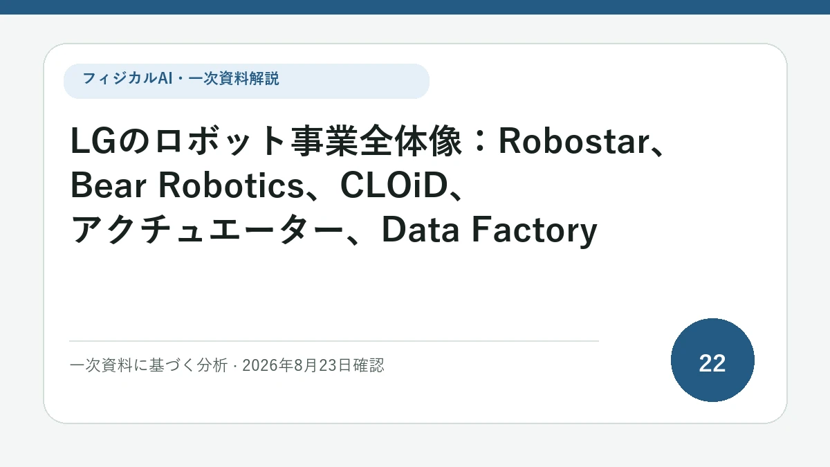 LGのロボット事業全体像：Robostar、Bear Robotics、CLOiD、アクチュエーター、Data Factoryの論点を図解したフィジカルAI Labの解説カバー