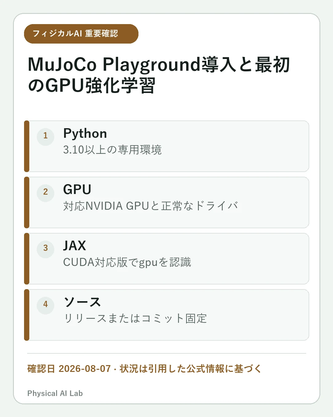 MuJoCo Playground入門：インストールから最初のGPU強化学習までの重要な確認点4項目をまとめたモバイルカード
