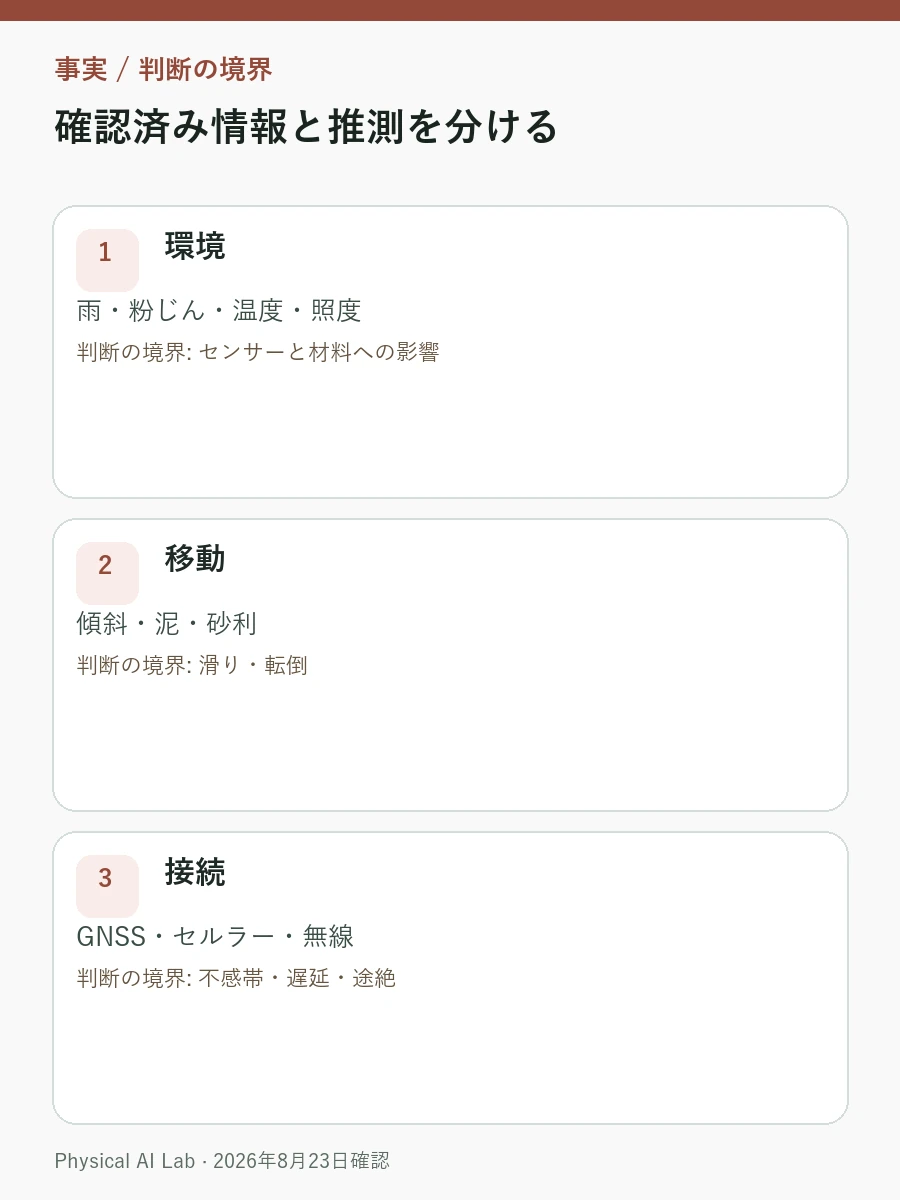 屋外フィジカルAIロボット試験：天候・地形・GNSS・通信・復旧の評価項目を整理したモバイル向け情報カード