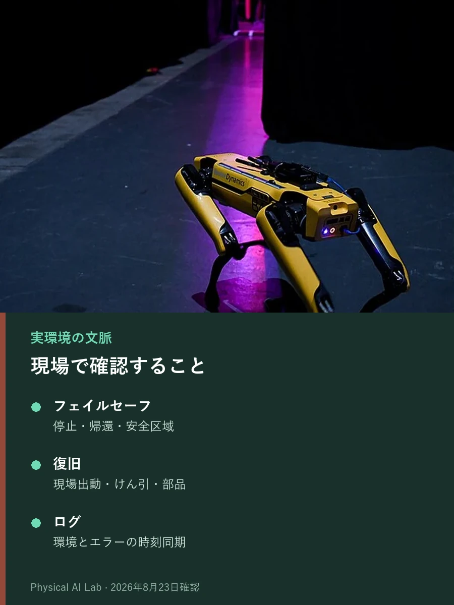 紫色の照明が当たる屋内ステージを歩く黄色いSpotMini四足ロボットの実写写真