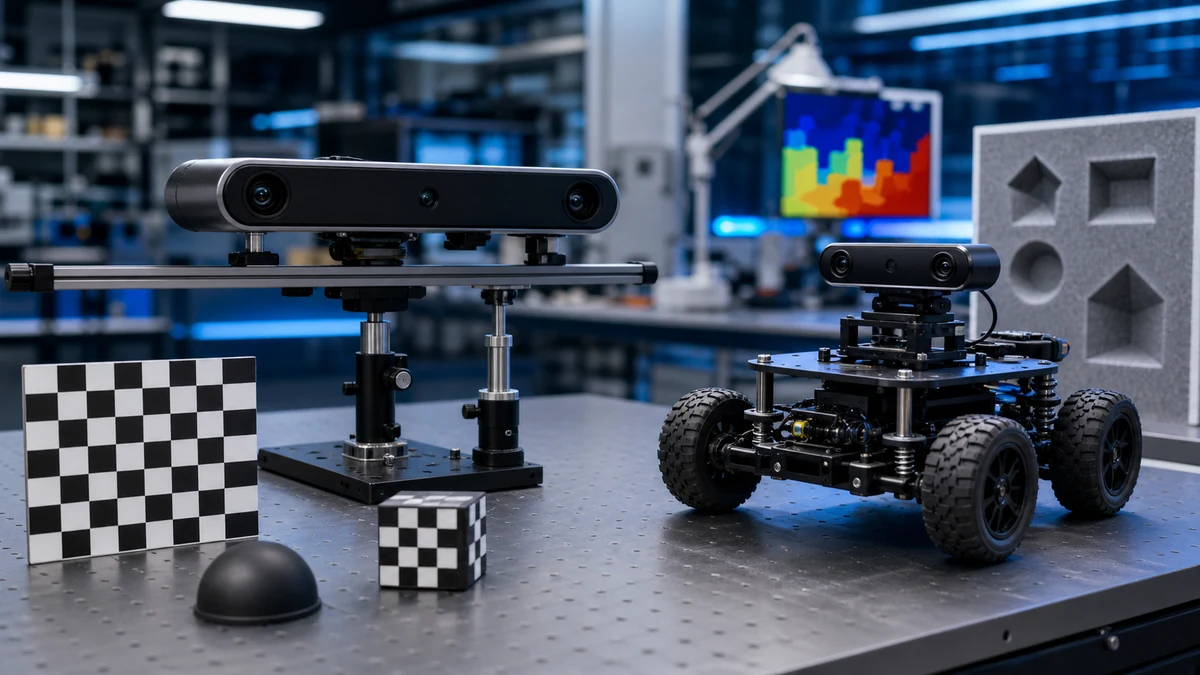 RealSense D455とD435iを比較：距離・シャッター・IMUで選ぶロボットカメラを説明する汎用ロボットの編集用コンセプト画像