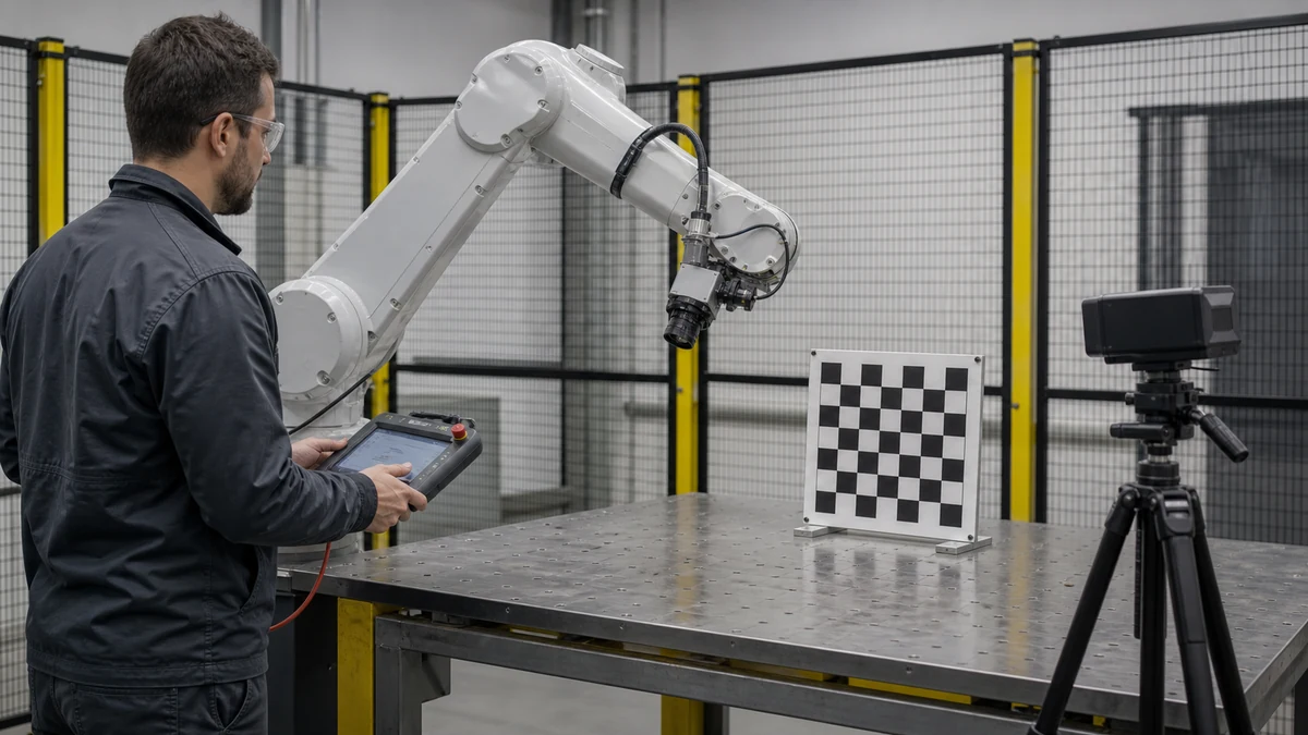 ロボットのHand-Eye Calibration AX=XB：Eye-in-Hand・Eye-to-Hand実践ガイドを説明する汎用ロボットの編集用コンセプト画像