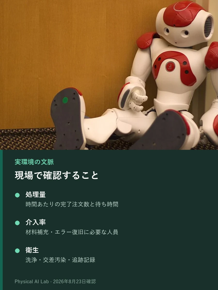 木製パネルの前で赤白のNAOヒューマノイドが座っている実写写真