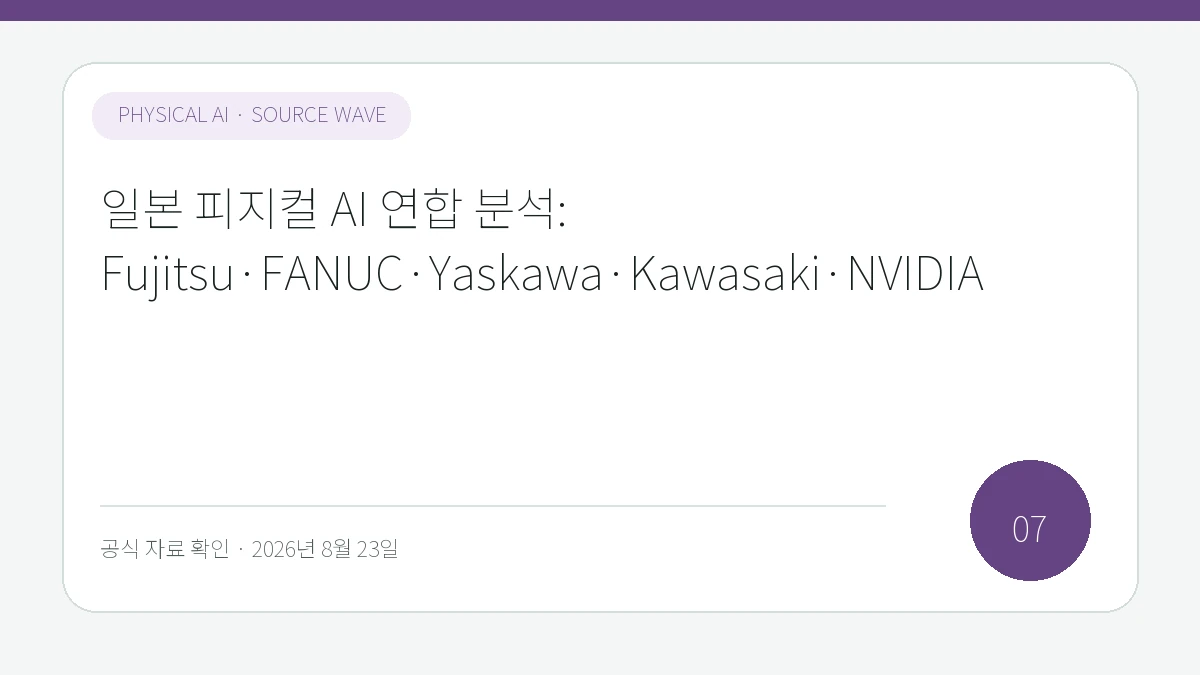 일본 피지컬 AI 연합 분석: Fujitsu·FANUC·Yaskawa·Kawasaki·NVIDIA 제목을 모바일에서도 읽기 쉽게 배치한 피지컬 AI Lab 표지