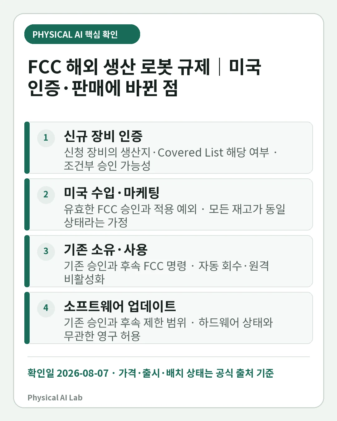FCC 해외 생산 첨단 로봇 규제: 미국 판매·인증에 실제로 바뀐 것의 핵심 판단 네 가지를 정리한 모바일 카드